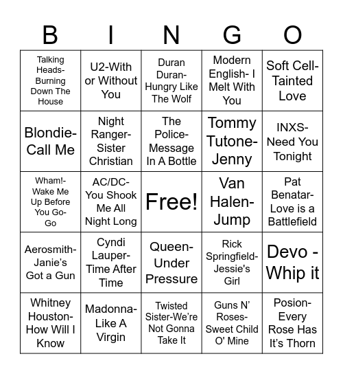 80s Musical BINGO Card