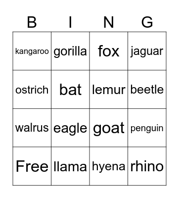 Animals Bingo Card