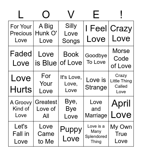 MUSIC BINGO 32 - Love, Love, Bingo Card