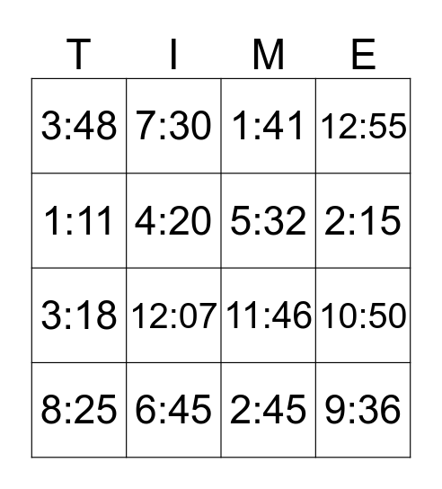 Telling Time Bingo Card
