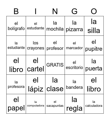 Spanish Classroom Objects Bingo Card