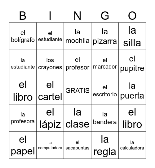 Spanish Classroom Objects Bingo Card