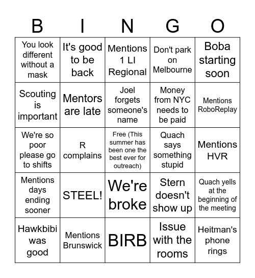 Joel Monday Bingo Card