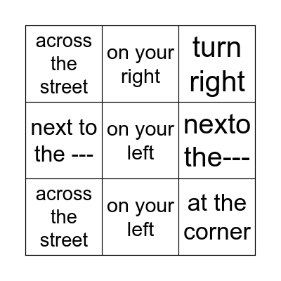 Directions Bingo Card