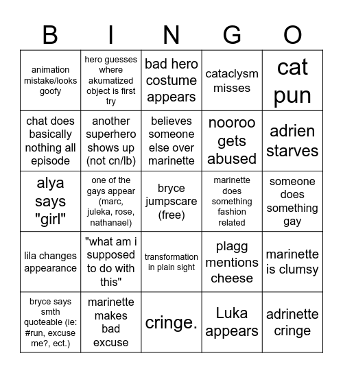 miraculous bingo Card