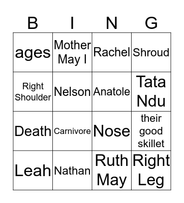 Poisonwood Bible Bingo Card