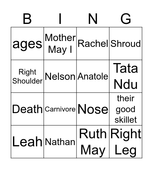 Poisonwood Bible Bingo Card