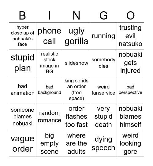 ousama game bingo Card