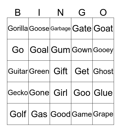 Initial /g/ Bingo  Bingo Card