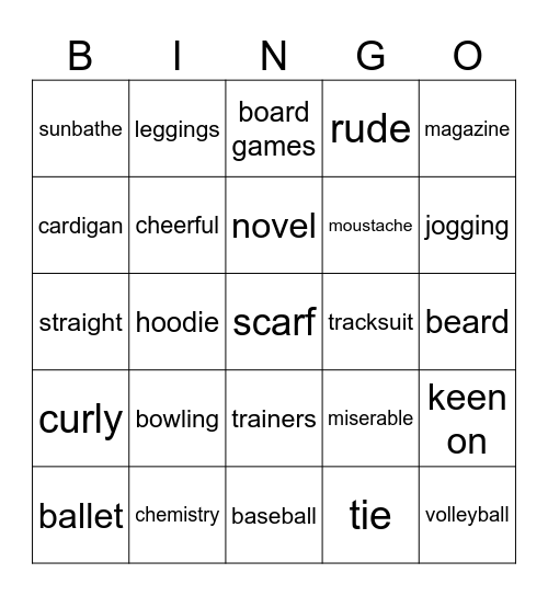 Vocabulary revision Bingo Card