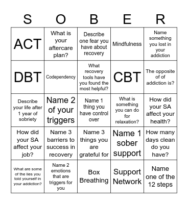Recovery Bingo! Bingo Card