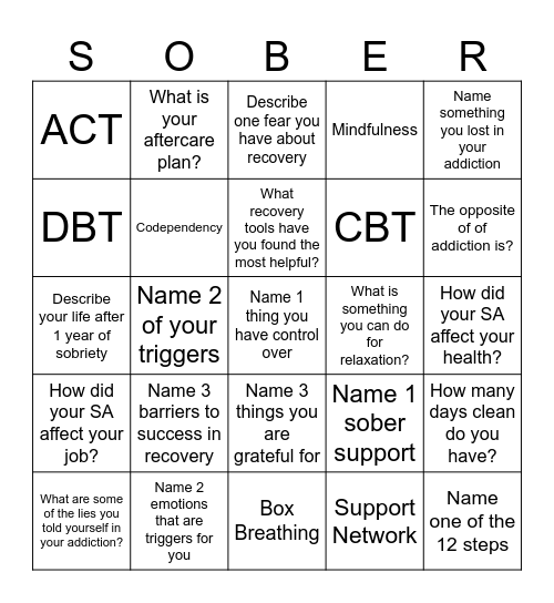 Recovery Bingo! Bingo Card