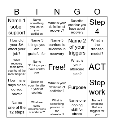 Recovery Bingo! Bingo Card