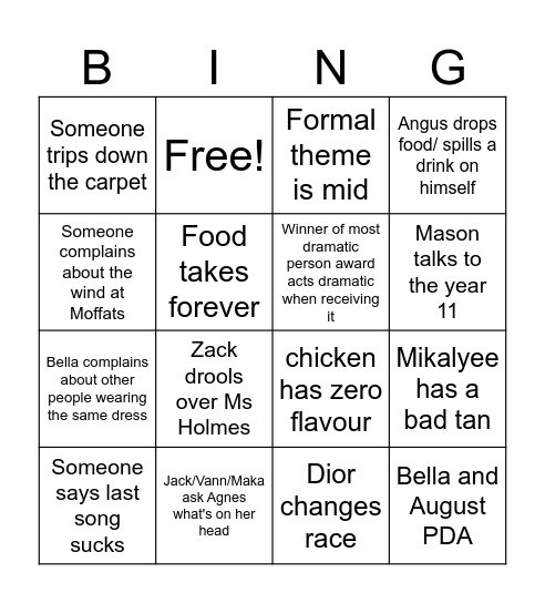 Formal bingo Card