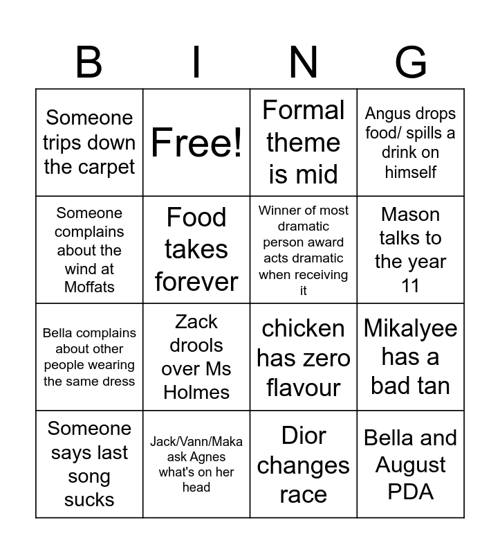 Formal bingo Card