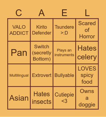 Caelum Kamide Bingo Card