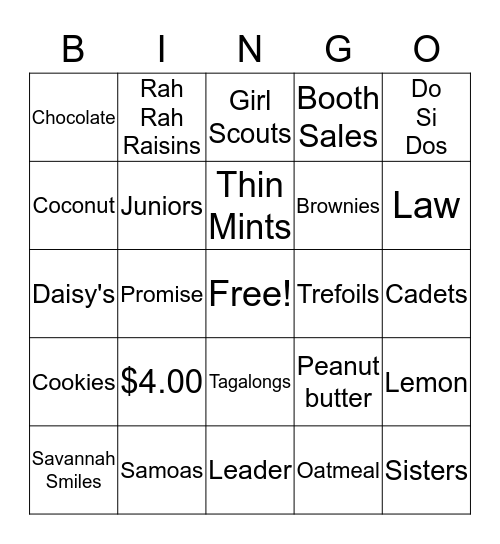 Girl Scout Cookie Bingo Card