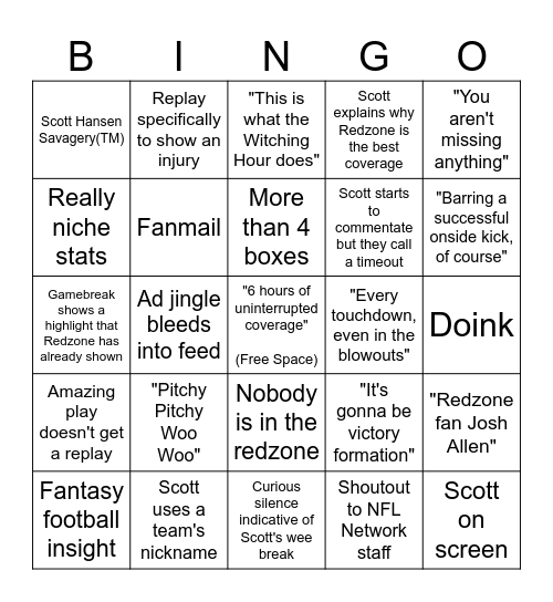 NFL Redzone Bingo Card