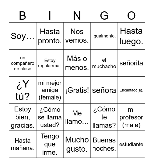 Sp1 Capítulo 1 Vocab1 Bingo Card