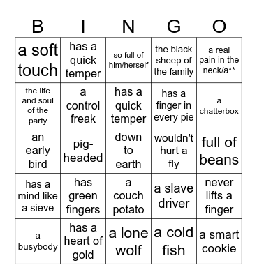 Personality idioms Bingo Card