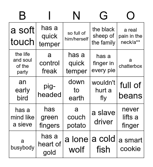 Personality idioms Bingo Card