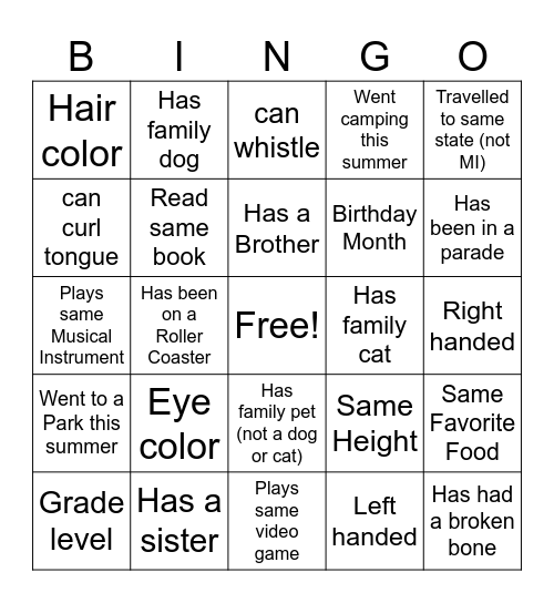 Getting To Know You Bingo Card