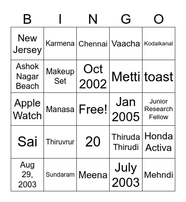 Prabha & Kalai 20th Anniversary Bingo Card