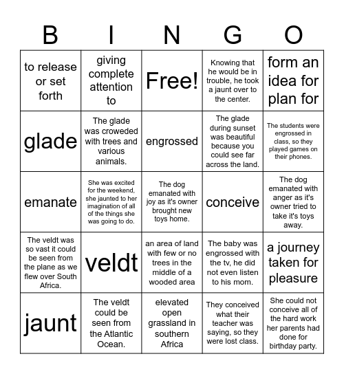 "The Veldt" Vocabulary Bingo Card