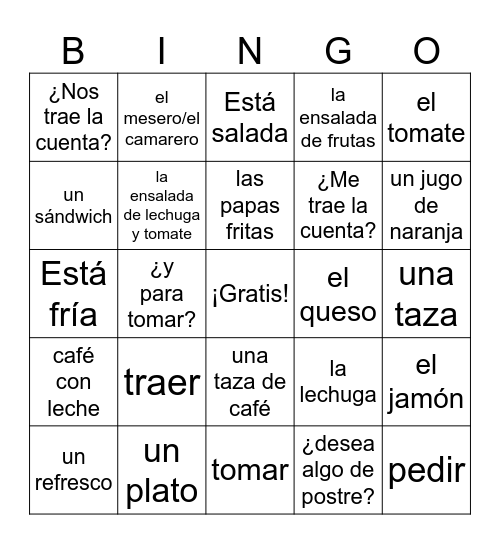 Sp2 Capítulo 6 Vocabulario 1 Bingo Card