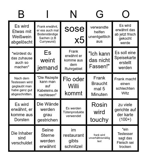 Rosins Restaurant Bingo Card