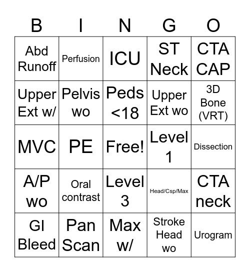 CT SCAN Bingo Card