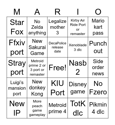 Nintendo Direct September 2024 Bingo Card