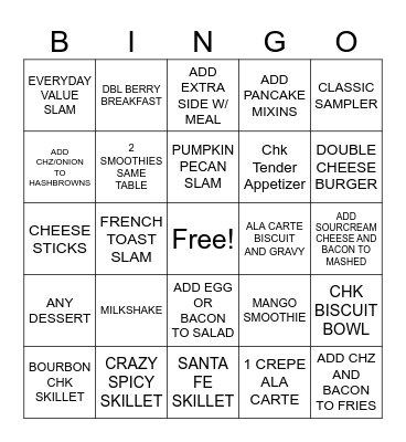 DENNYS BINGO Card