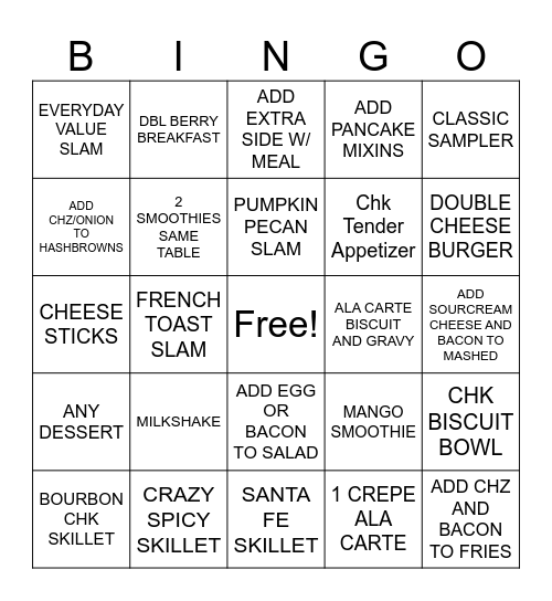 DENNYS BINGO Card