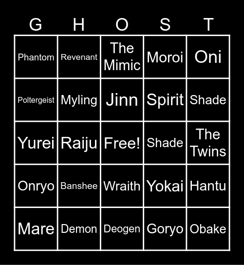 Phasmo Ghost Bingo Card