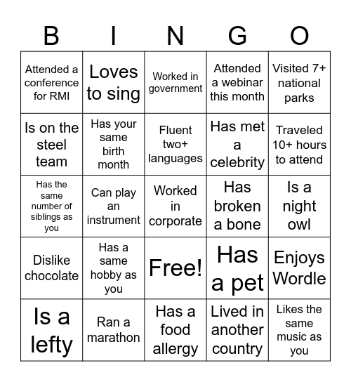 CAI Bingo Card