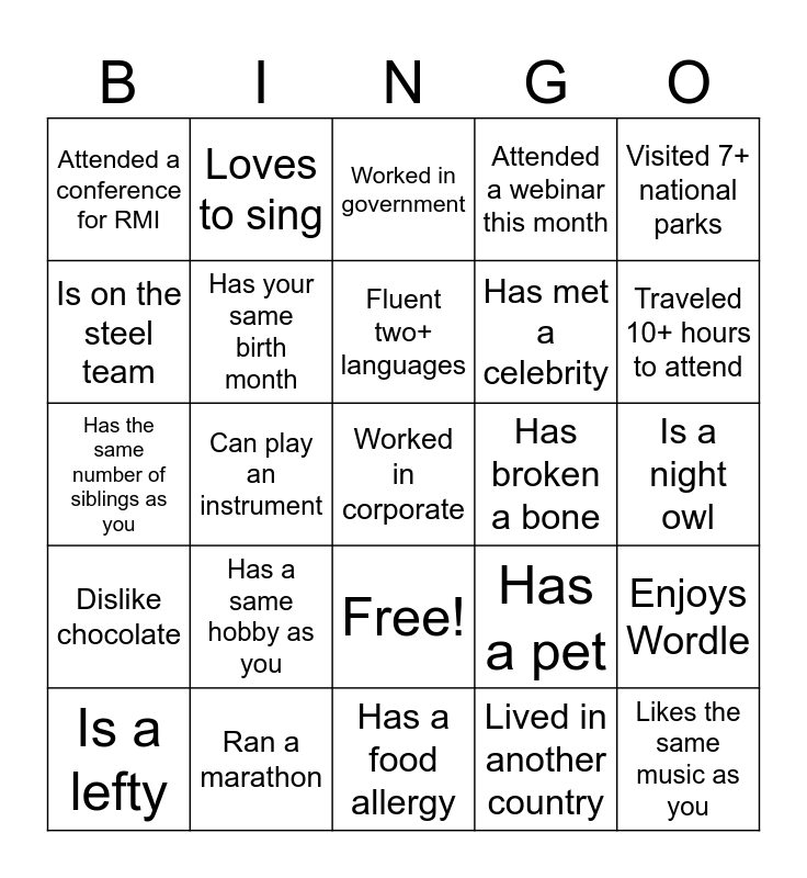 CAI Bingo Card