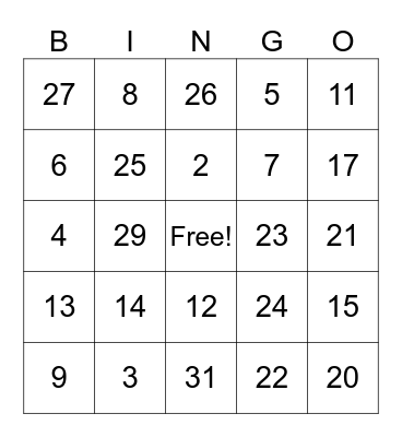 Numeros 1-31 Bingo Card