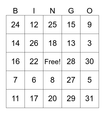 Numeros 1-31 Bingo Card
