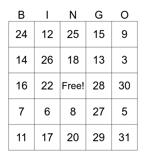 Numeros 1-31 Bingo Card