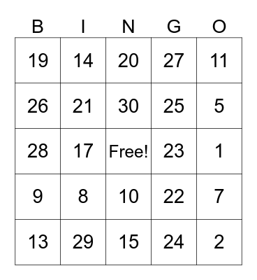 Numeros 1-31 Bingo Card