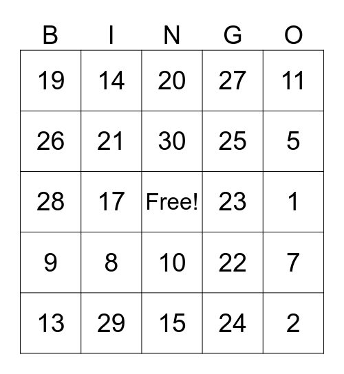 Numeros 1-31 Bingo Card