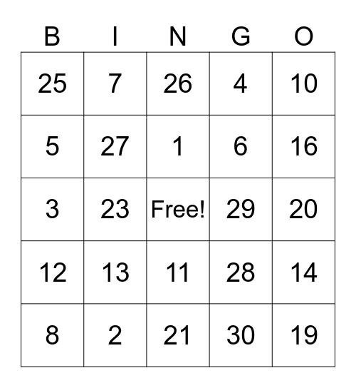 Numeros 1-31 Bingo Card