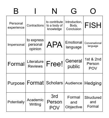 Academic Bingo! Bingo Card