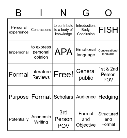 Academic Bingo! Bingo Card