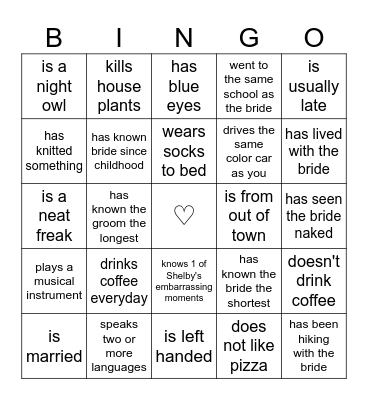 ♡ Find the Guest Bingo ♡ Bingo Card