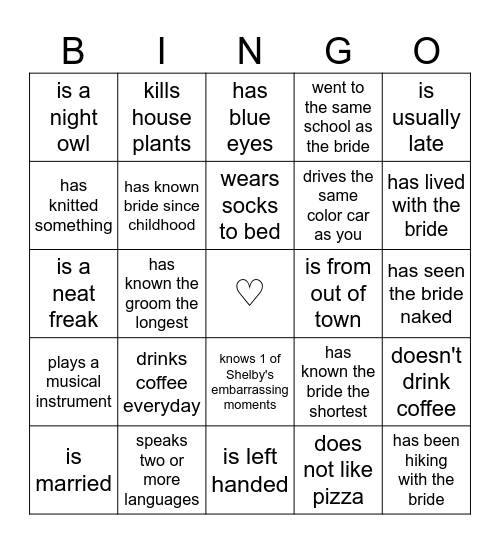 ♡ Find the Guest Bingo ♡ Bingo Card