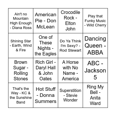 Music Bingo: 70s Bingo Card