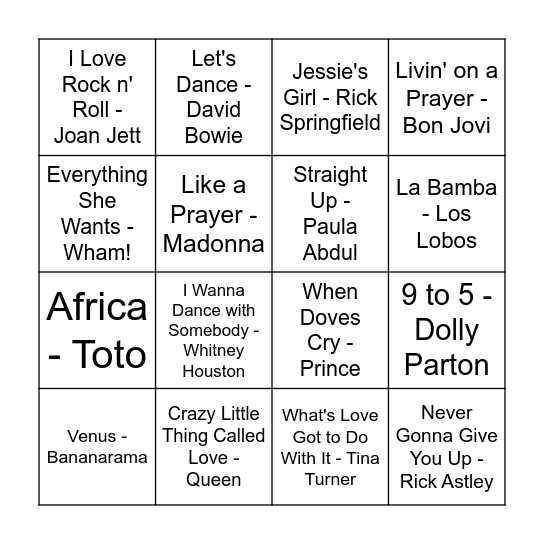 Music Bingo: 80s Bingo Card