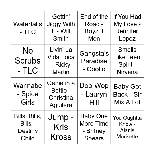 Music Bingo: 90s Bingo Card